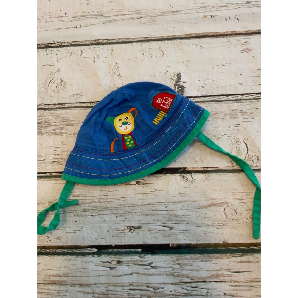 Hanna Andersson Baby Bucket Hat XS Blue Green Embroidered Puppy Barn Chin Ties